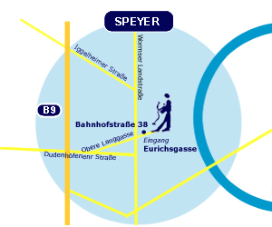 Skizze: Lageplan Hausarztpraxis Dr. Rappold / Bahnhofstraße 38, 67346 Speyer